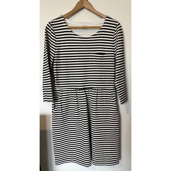 J Crew Black White Stripe Long Sleeve Fit And Flare Casual Mini Dress Size 12 - Picture 1 of 9
